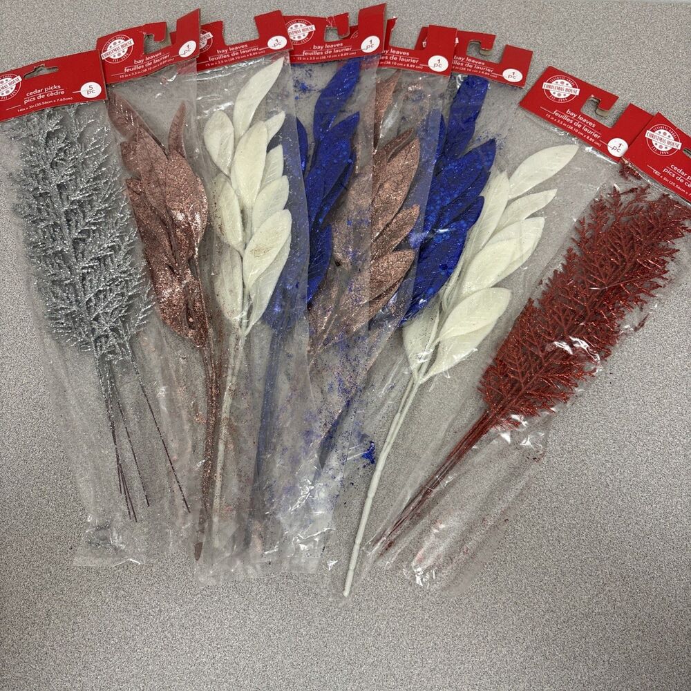 Lot Of 8 Glittered Bay & Cedar Leaf Picks, 14”, Silver, Gold, Red, Blue, White